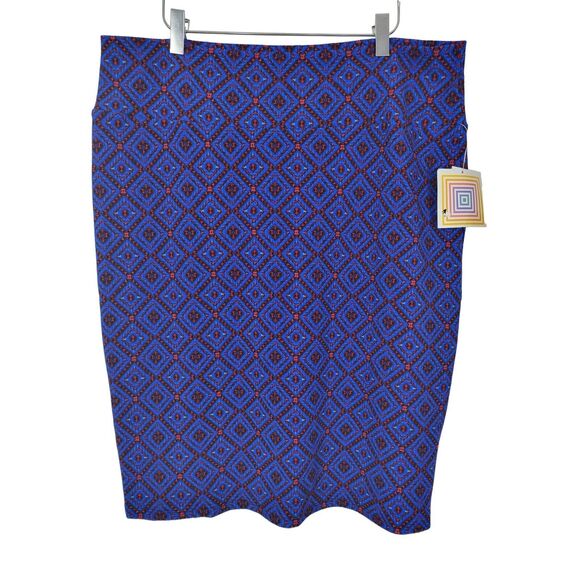 LuLaRoe Cassie Skirt 3XL Womens Plus Size Blue Red Diamond Print Pull On NWT - Picture 1 of 6